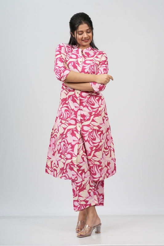 Pink & White Floral Print Cotton Co-ord Set