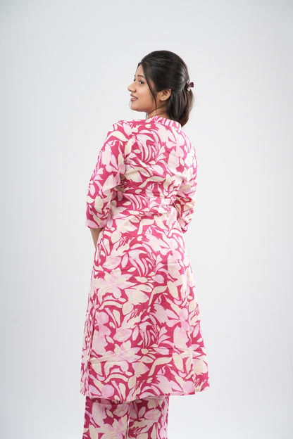 Pink & White Floral Print Cotton Co-ord Set
