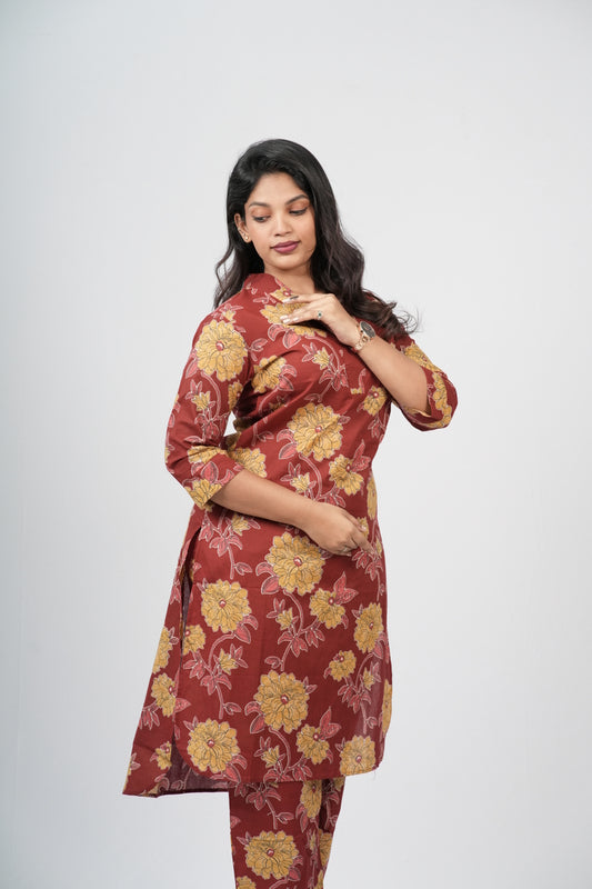 Brick Red & Gold Floral Print Cotton Co-ord Set