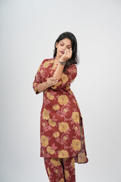 Brick Red & Gold Floral Print Cotton Co-ord Set