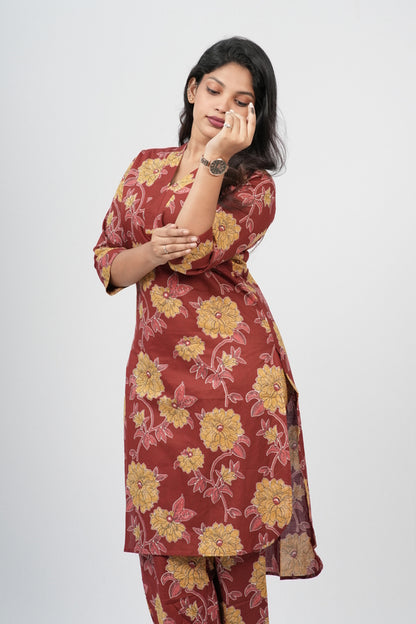 Brick Red & Gold Floral Print Cotton Co-ord Set