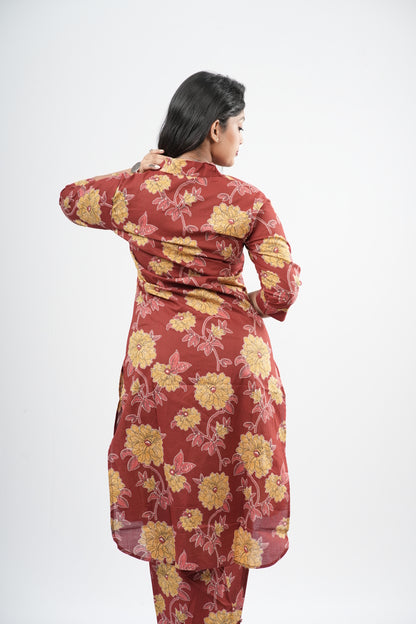 Brick Red & Gold Floral Print Cotton Co-ord Set