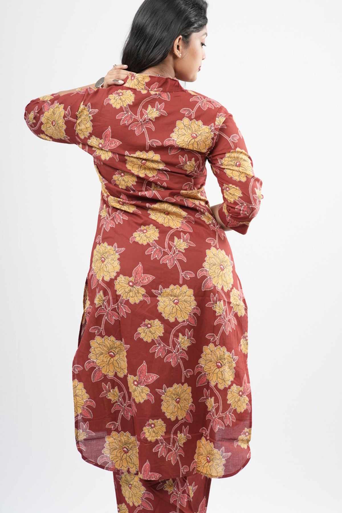 Brick Red & Gold Floral Print Cotton Co-ord Set