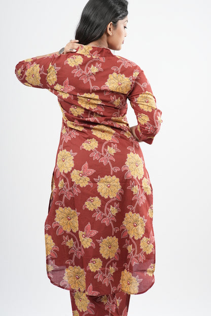 Brick Red & Gold Floral Print Cotton Co-ord Set