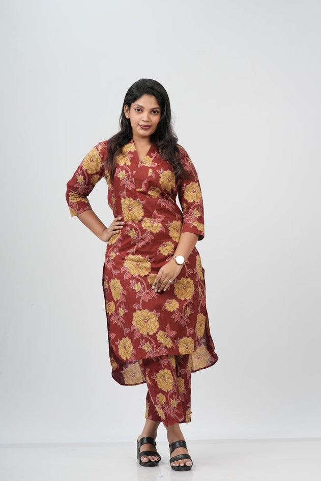 Brick Red & Gold Floral Print Cotton Co-ord Set