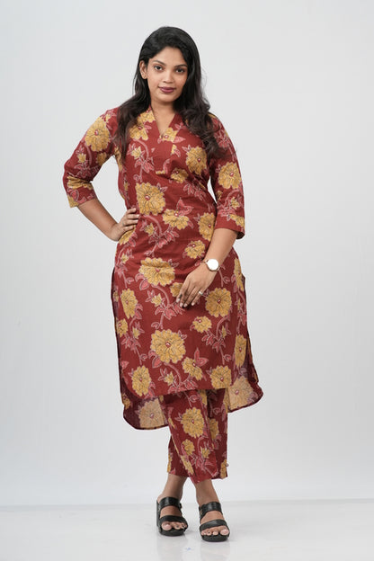 Brick Red & Gold Floral Print Cotton Co-ord Set