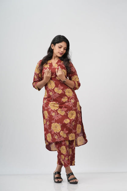Brick Red & Gold Floral Print Cotton Co-ord Set