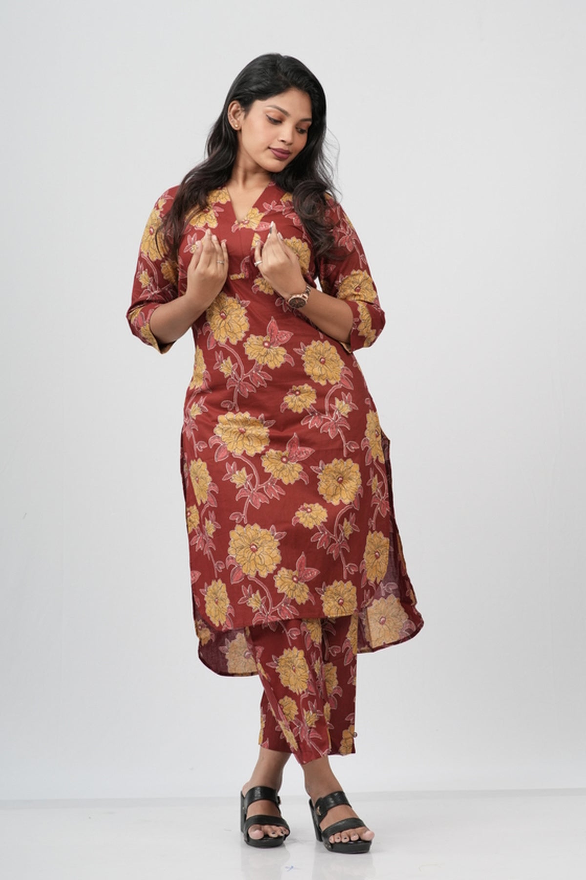 Brick Red & Gold Floral Print Cotton Co-ord Set