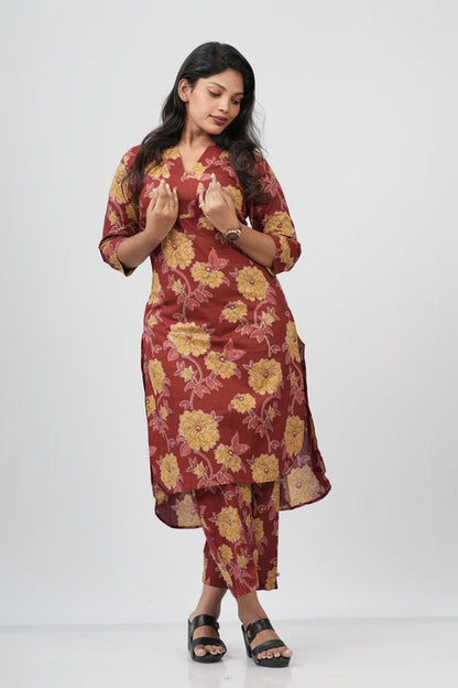 Brick Red & Gold Floral Print Cotton Co-ord Set