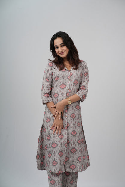 Grey & Pink Geometric Floral Print Cotton Co-ord Set