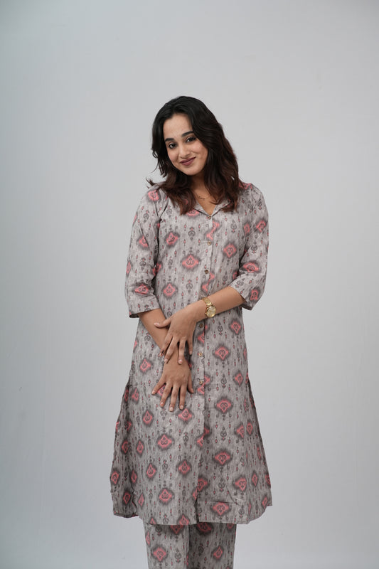 Grey & Pink Geometric Floral Print Cotton Co-ord Set