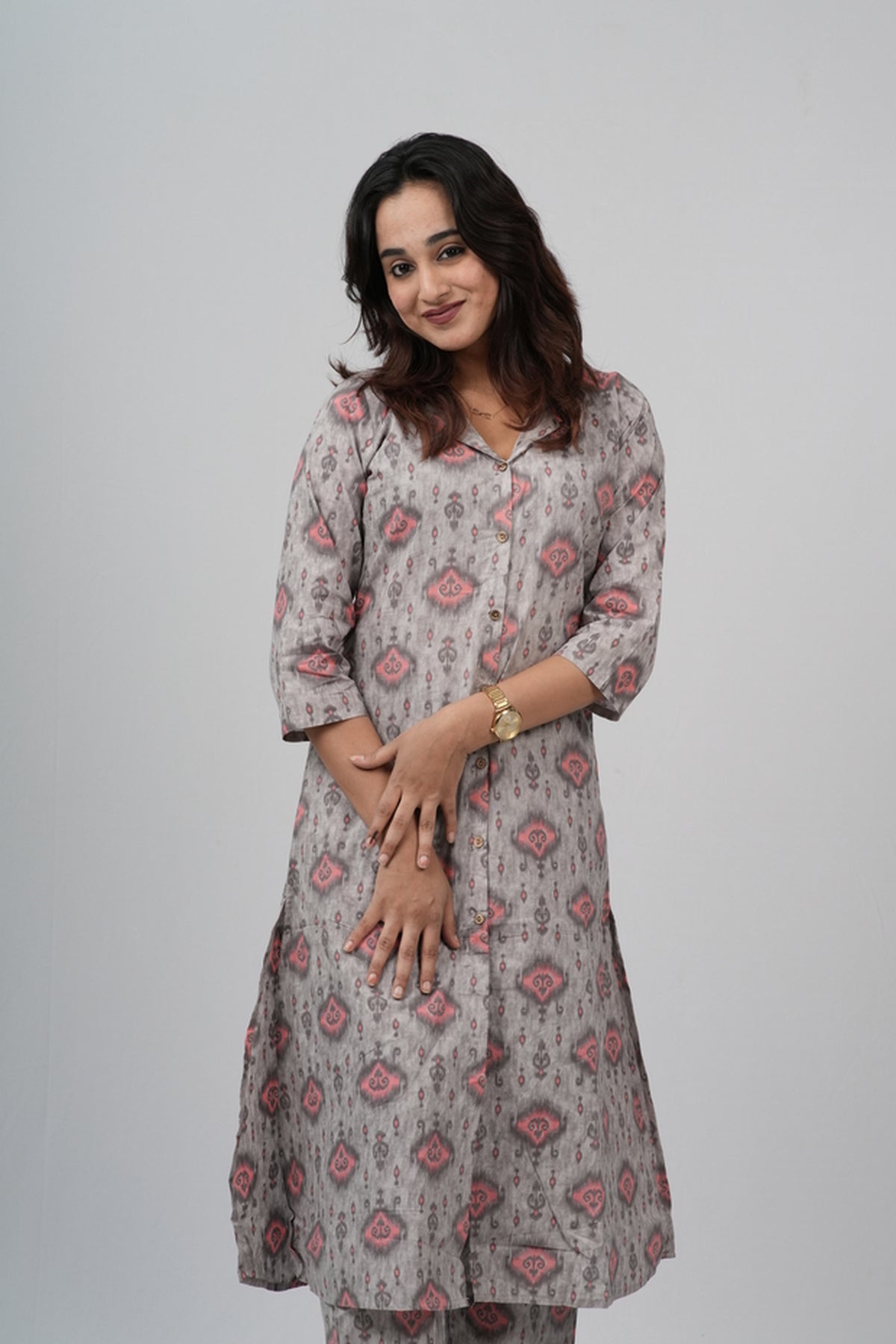 Grey & Pink Geometric Floral Print Cotton Co-ord Set