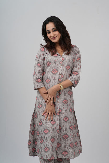 Grey & Pink Geometric Floral Print Cotton Co-ord Set