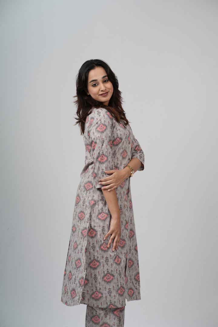 Grey & Pink Geometric Floral Print Cotton Co-ord Set