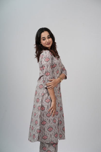 Grey & Pink Geometric Floral Print Cotton Co-ord Set