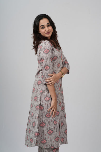 Grey & Pink Geometric Floral Print Cotton Co-ord Set