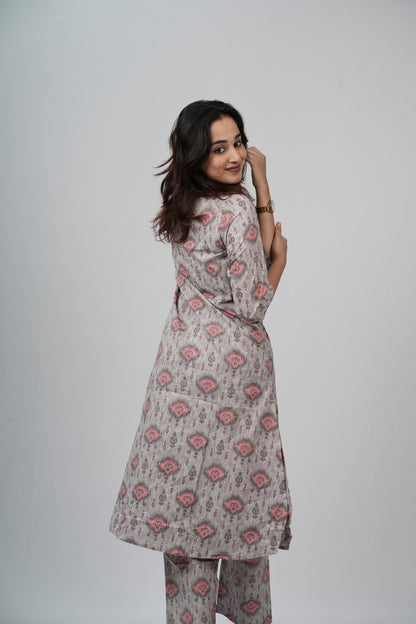 Grey & Pink Geometric Floral Print Cotton Co-ord Set
