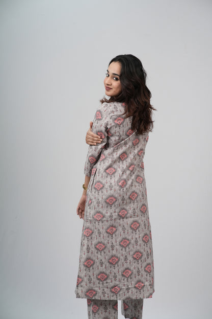Grey & Pink Geometric Floral Print Cotton Co-ord Set