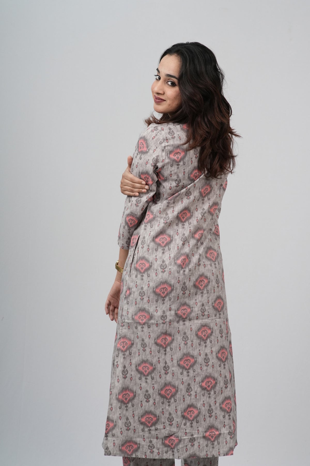 Grey & Pink Geometric Floral Print Cotton Co-ord Set