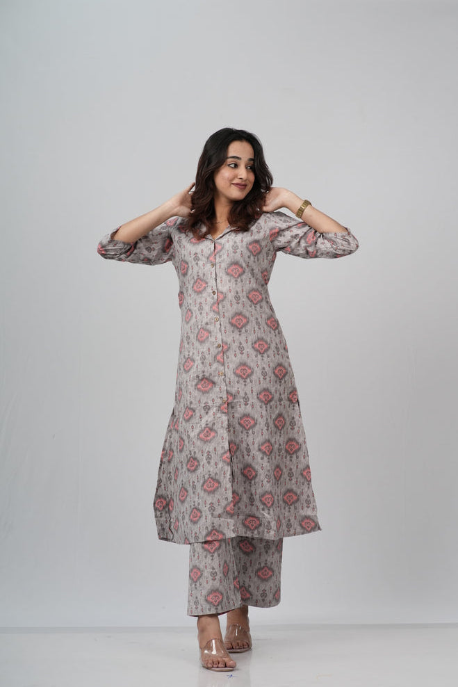 Grey & Pink Geometric Floral Print Cotton Co-ord Set