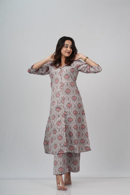 Grey & Pink Geometric Floral Print Cotton Co-ord Set