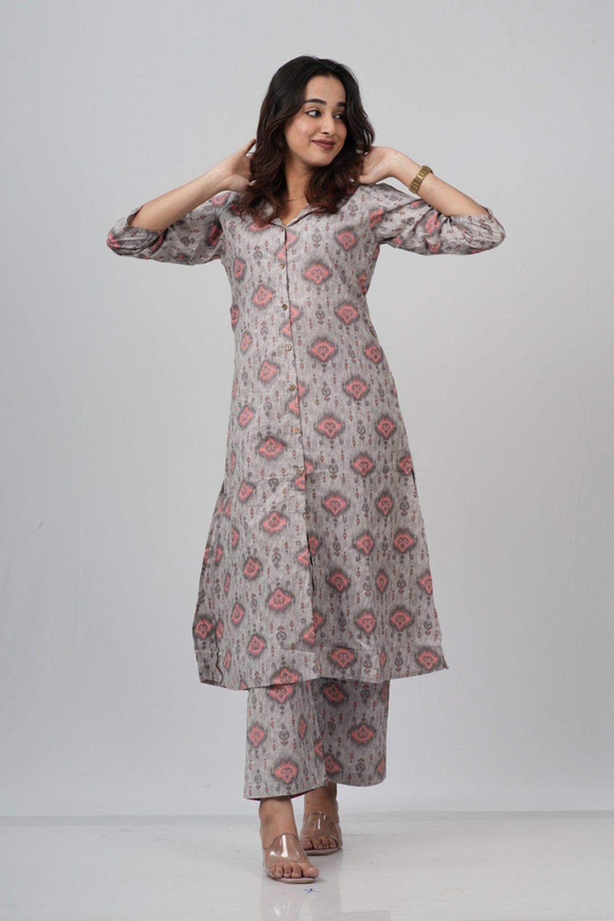 Grey & Pink Geometric Floral Print Cotton Co-ord Set