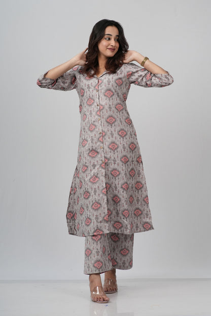 Grey & Pink Geometric Floral Print Cotton Co-ord Set