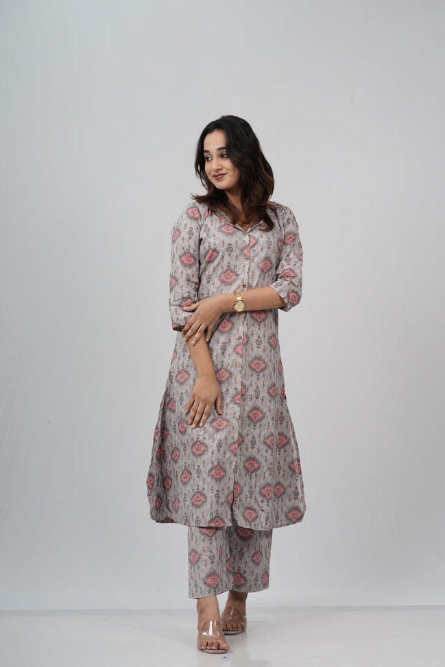 Grey & Pink Geometric Floral Print Cotton Co-ord Set