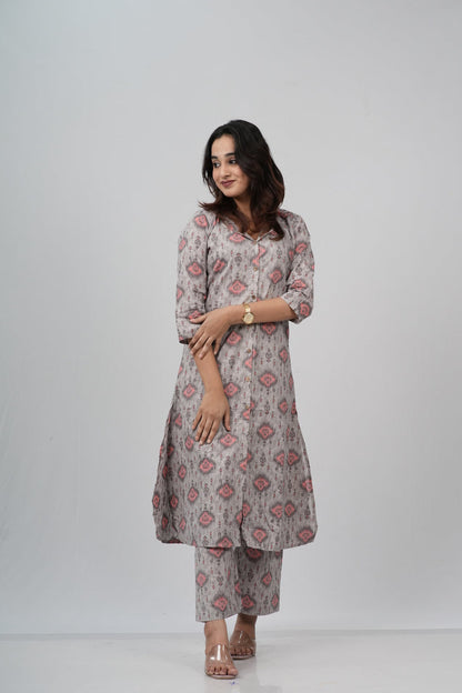 Grey & Pink Geometric Floral Print Cotton Co-ord Set
