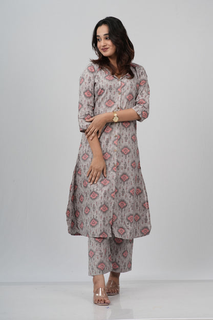 Grey & Pink Geometric Floral Print Cotton Co-ord Set