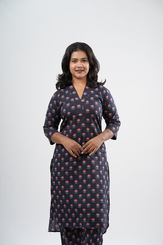 Indigo Blue & Pink Floral Boota Print Cotton Co-ord Set