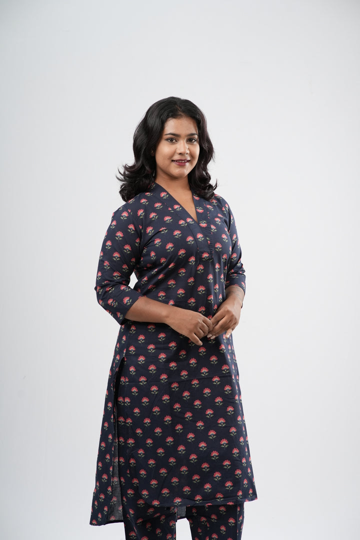 Indigo Blue & Pink Floral Boota Print Cotton Co-ord Set