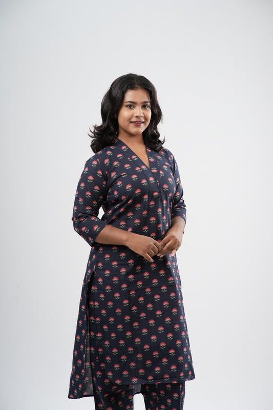 Indigo Blue & Pink Floral Boota Print Cotton Co-ord Set