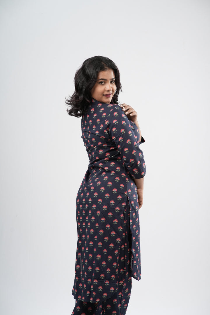 Indigo Blue & Pink Floral Boota Print Cotton Co-ord Set