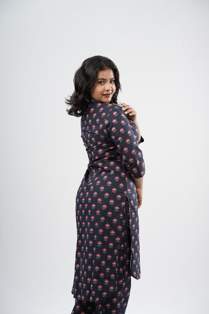 Indigo Blue & Pink Floral Boota Print Cotton Co-ord Set