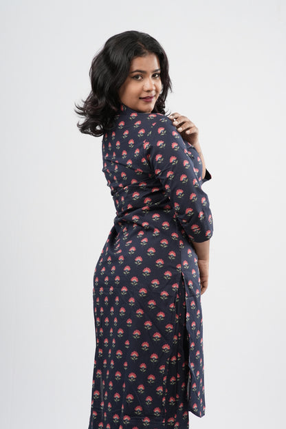 Indigo Blue & Pink Floral Boota Print Cotton Co-ord Set