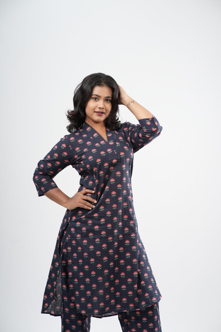 Indigo Blue & Pink Floral Boota Print Cotton Co-ord Set