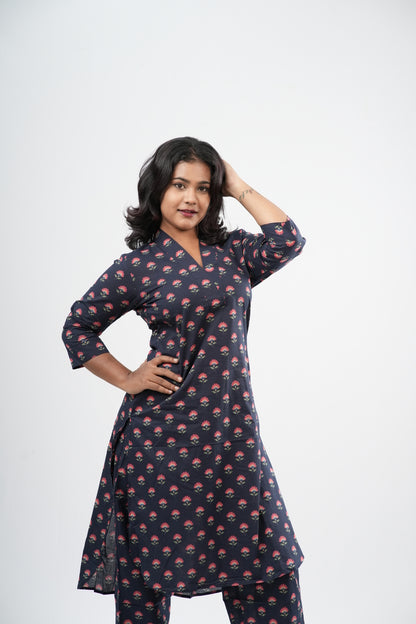 Indigo Blue & Pink Floral Boota Print Cotton Co-ord Set