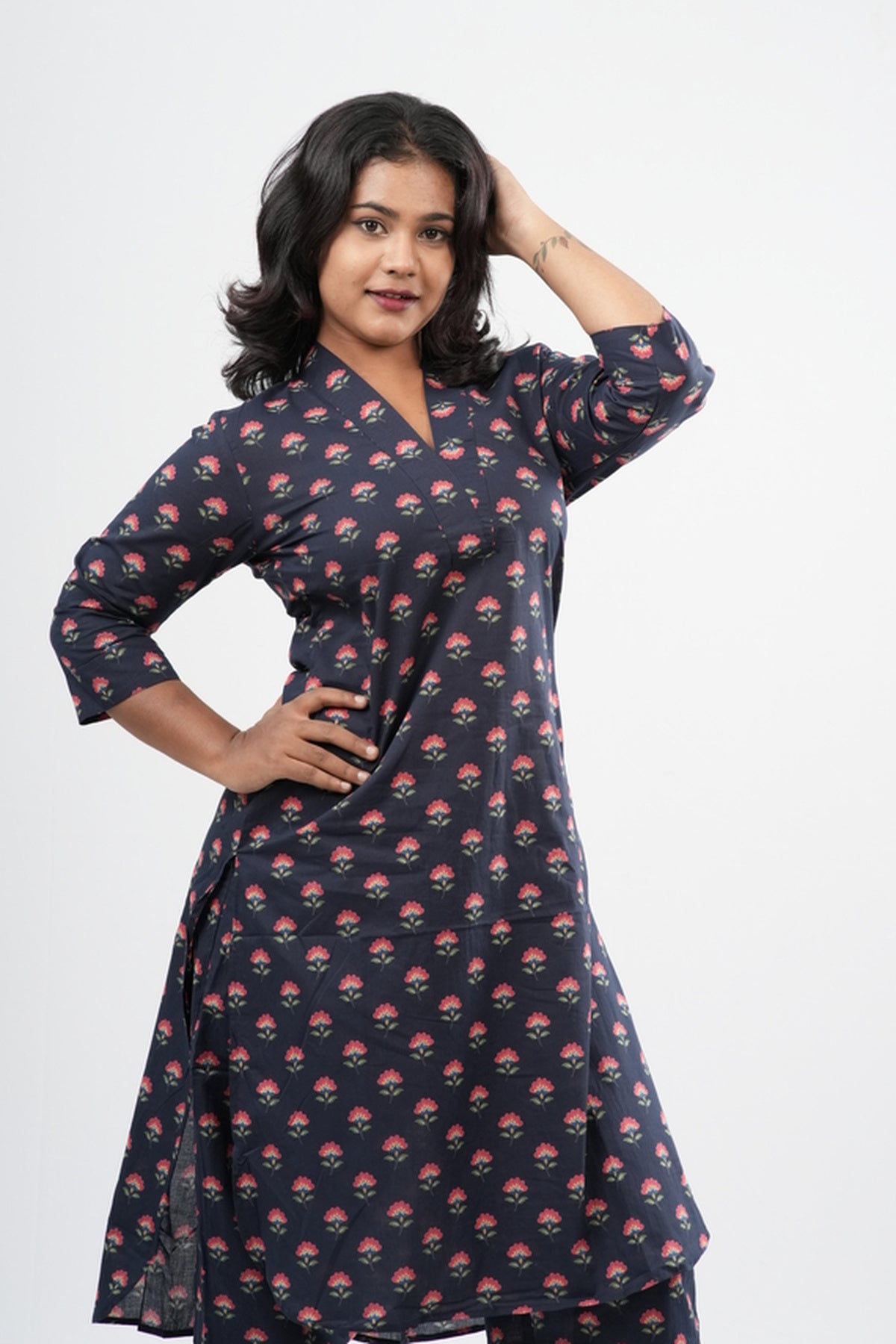 Indigo Blue & Pink Floral Boota Print Cotton Co-ord Set