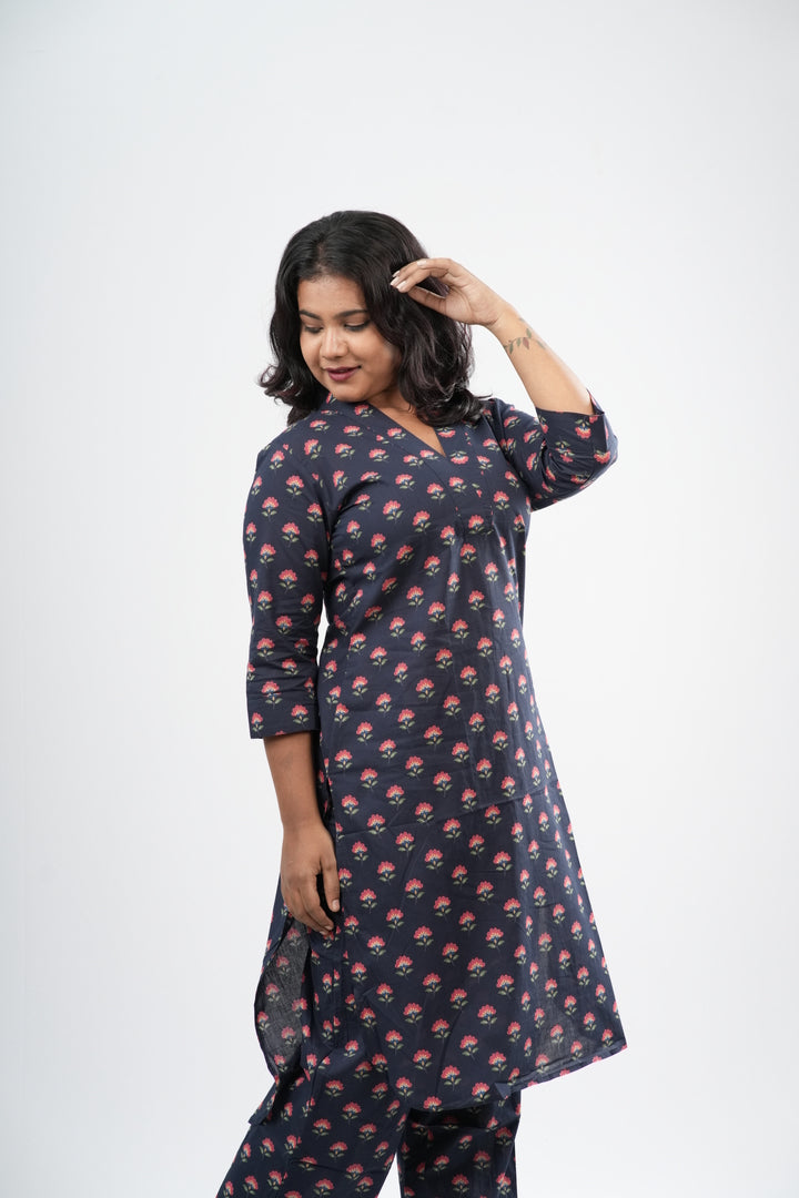 Indigo Blue & Pink Floral Boota Print Cotton Co-ord Set