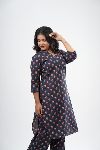 Indigo Blue & Pink Floral Boota Print Cotton Co-ord Set