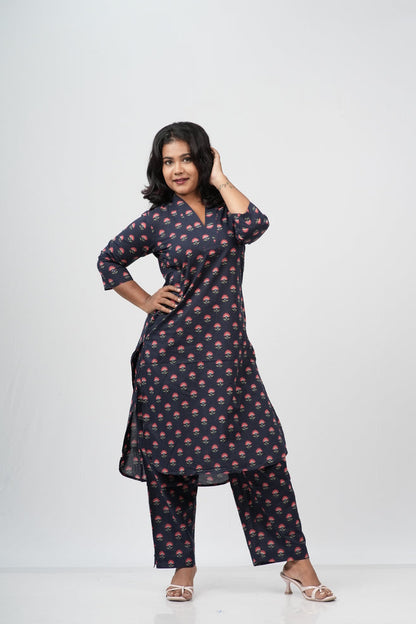 Indigo Blue & Pink Floral Boota Print Cotton Co-ord Set