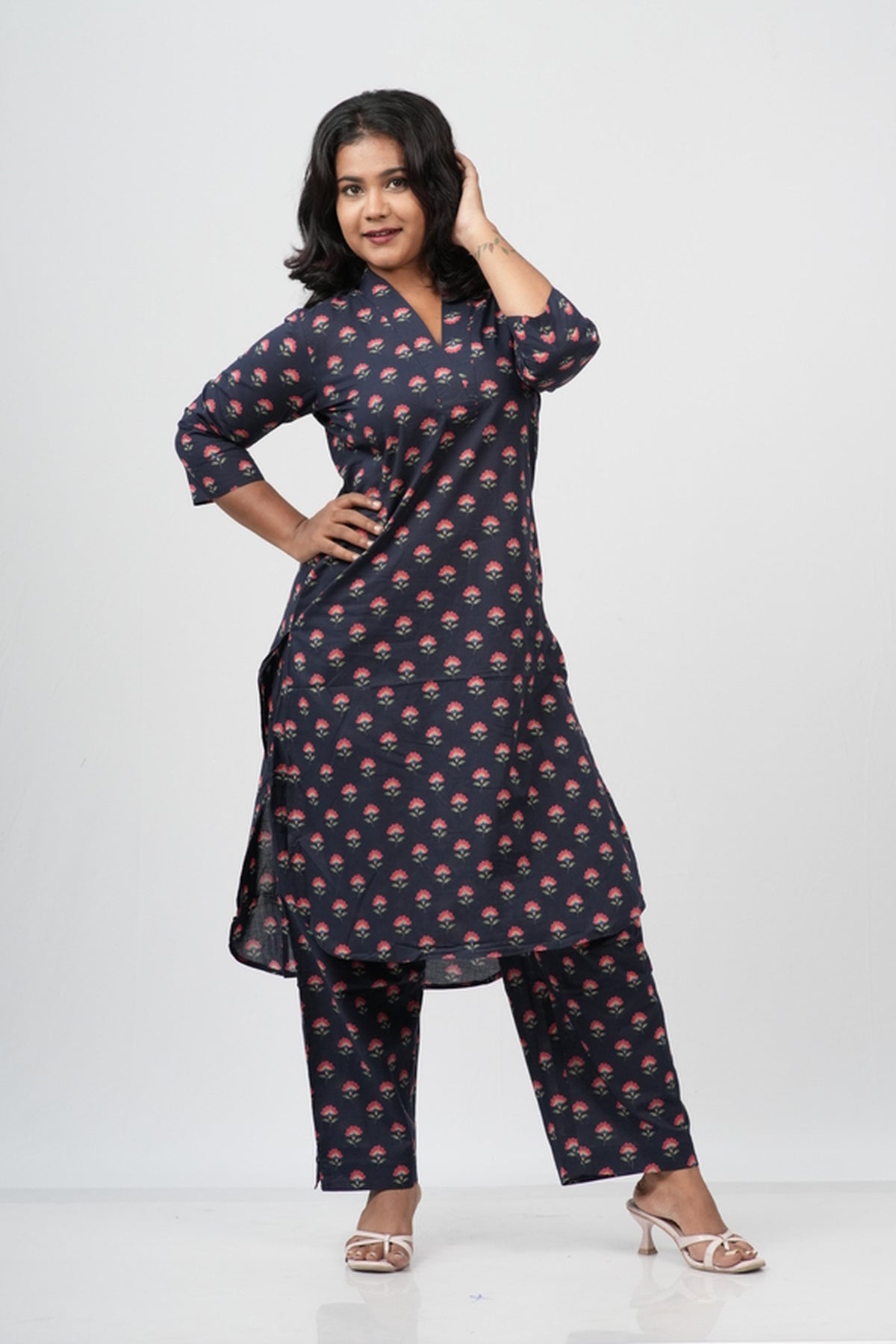 Indigo Blue & Pink Floral Boota Print Cotton Co-ord Set