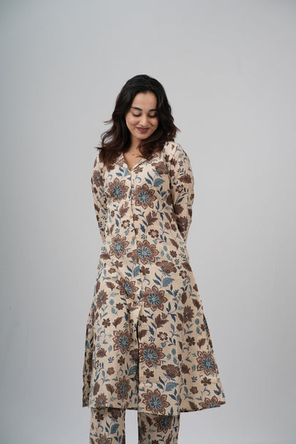 Beige & Earthy Floral Print Cotton Co-ord Set