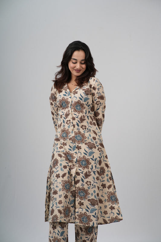 Beige & Earthy Floral Print Cotton Co-ord Set