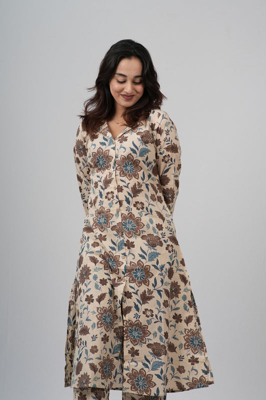 Beige & Earthy Floral Print Cotton Co-ord Set