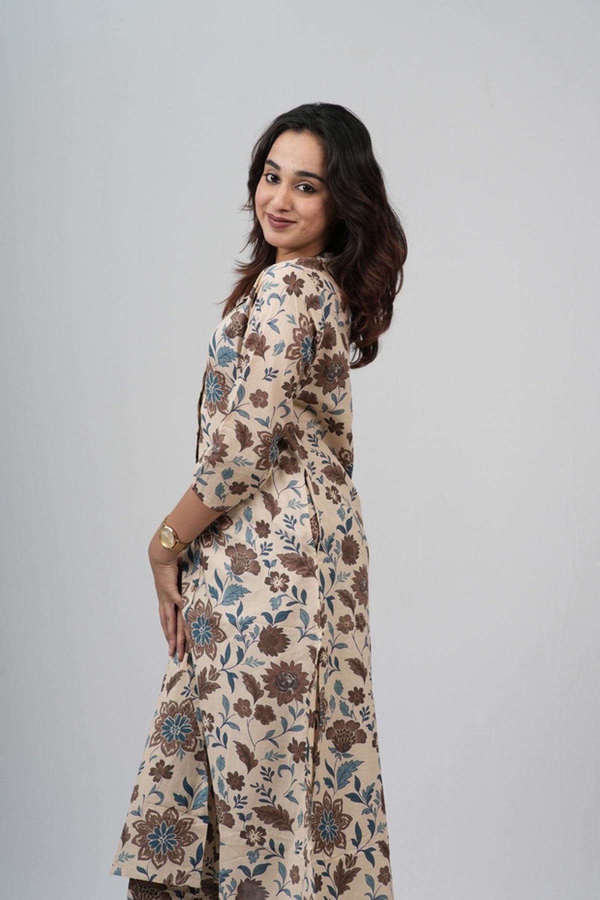 Beige & Earthy Floral Print Cotton Co-ord Set