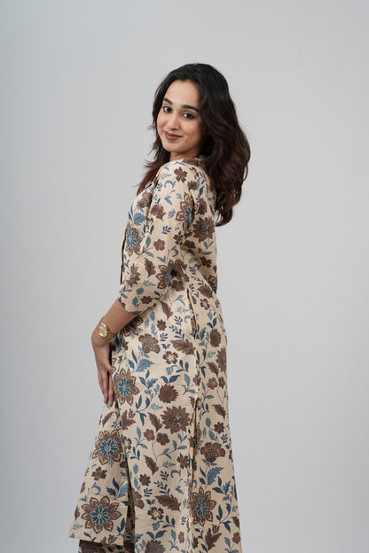 Beige & Earthy Floral Print Cotton Co-ord Set