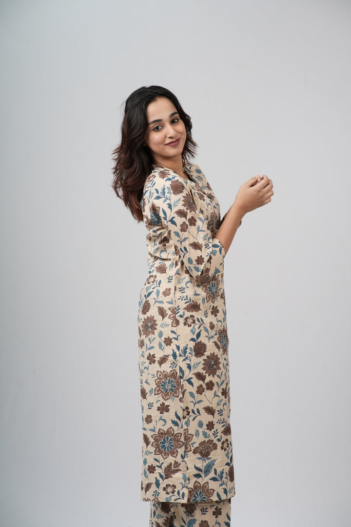 Beige & Earthy Floral Print Cotton Co-ord Set