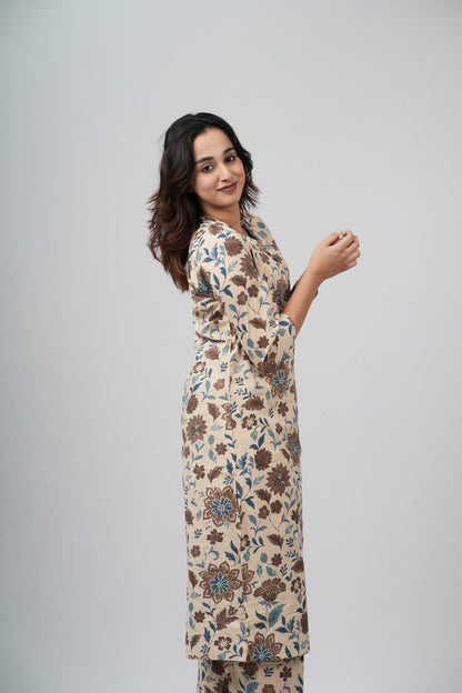 Beige & Earthy Floral Print Cotton Co-ord Set